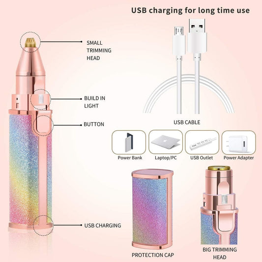 2-in-1 USB Rechargeable Precision Eyebrow & Facial Hair Trimmer with LED Light